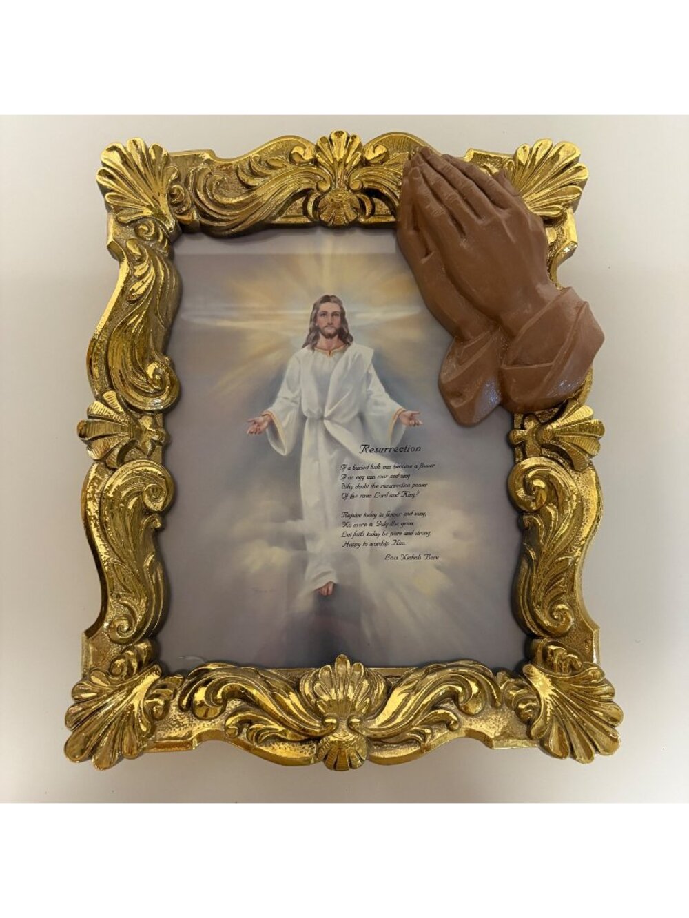 Jesus Resurrection Praying Hands Goldtone Ornate Frame Christian Wall Decor VTG